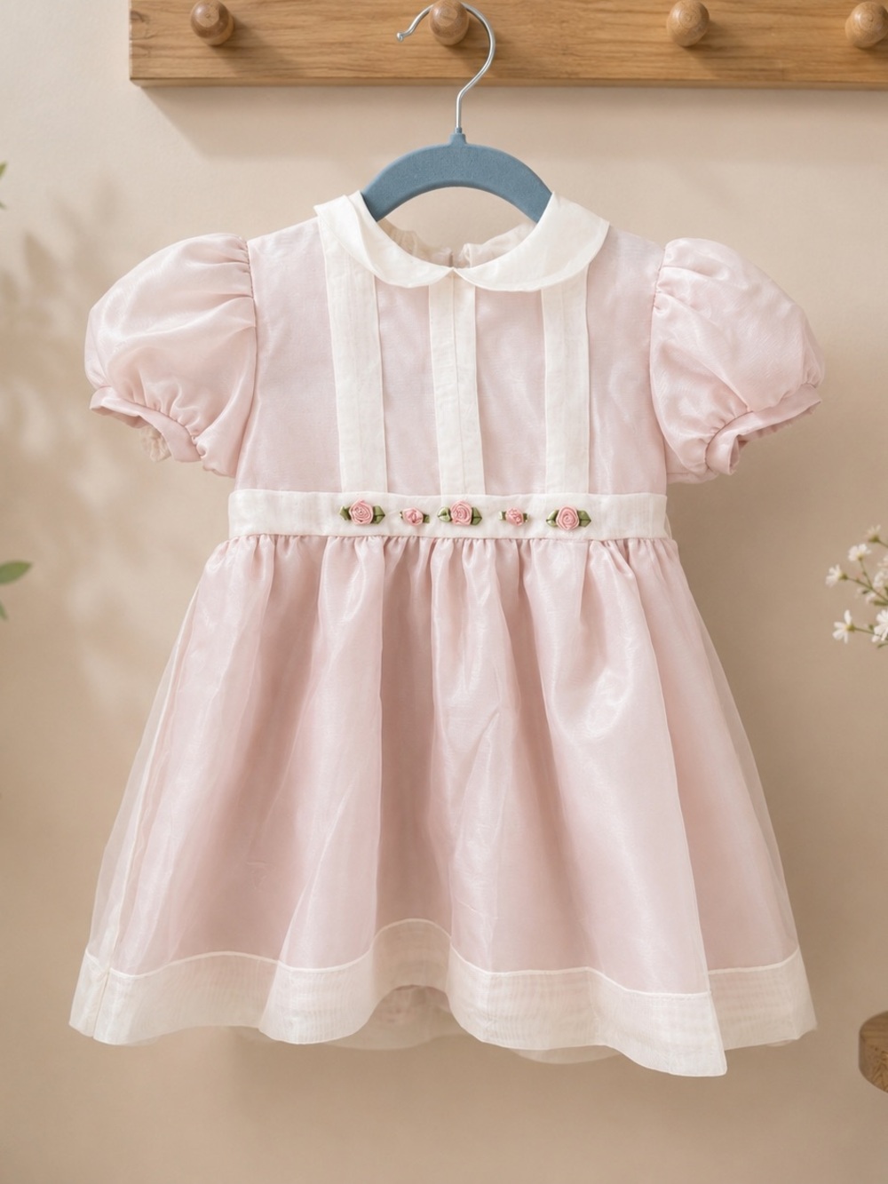 Girls' Pink Organza Peter Pan Collar Dress with Rosette Trim